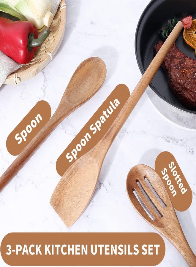 Decent Vrvege أدوات مطبخ خشبية أنيقة للطبخ، طقم من 3 قطع، أدوات مطبخ خشبية، طقم ملاعق وملاعق مسطحة من خشب الأكاسيا مقاس 12 بوصة، أدوات طبخ آمنة لأواني الطهي غير اللاصقة، سهلة الاستخدام - Image 3